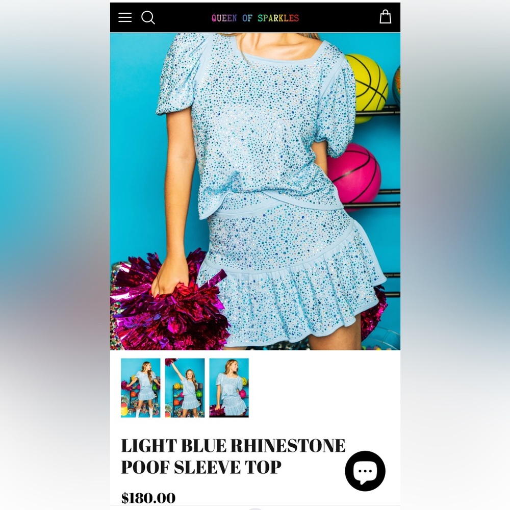 Queen of Sparkle Set QOS light blue rhinestone poof sleeve top and skirt